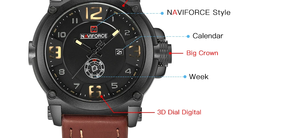 NAVIFORCE Military Sport Watches for Men Original Waterproof Day and Date Display Wristwatches Leather Clock Relogio Masculino