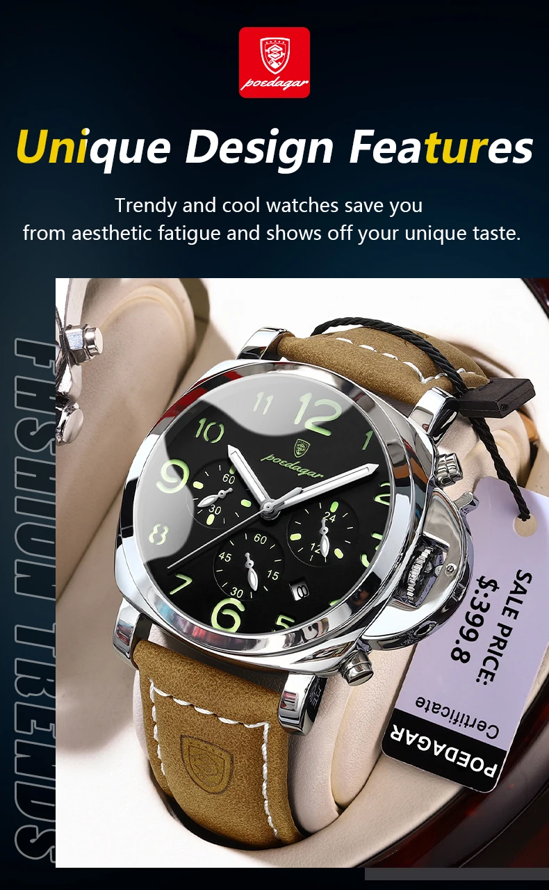 POEDAGAR Luxury Military Watch For Men Waterproof Luminous Date Chronograph Man Watch Sports Casual Leather Men’s Quartz Watches