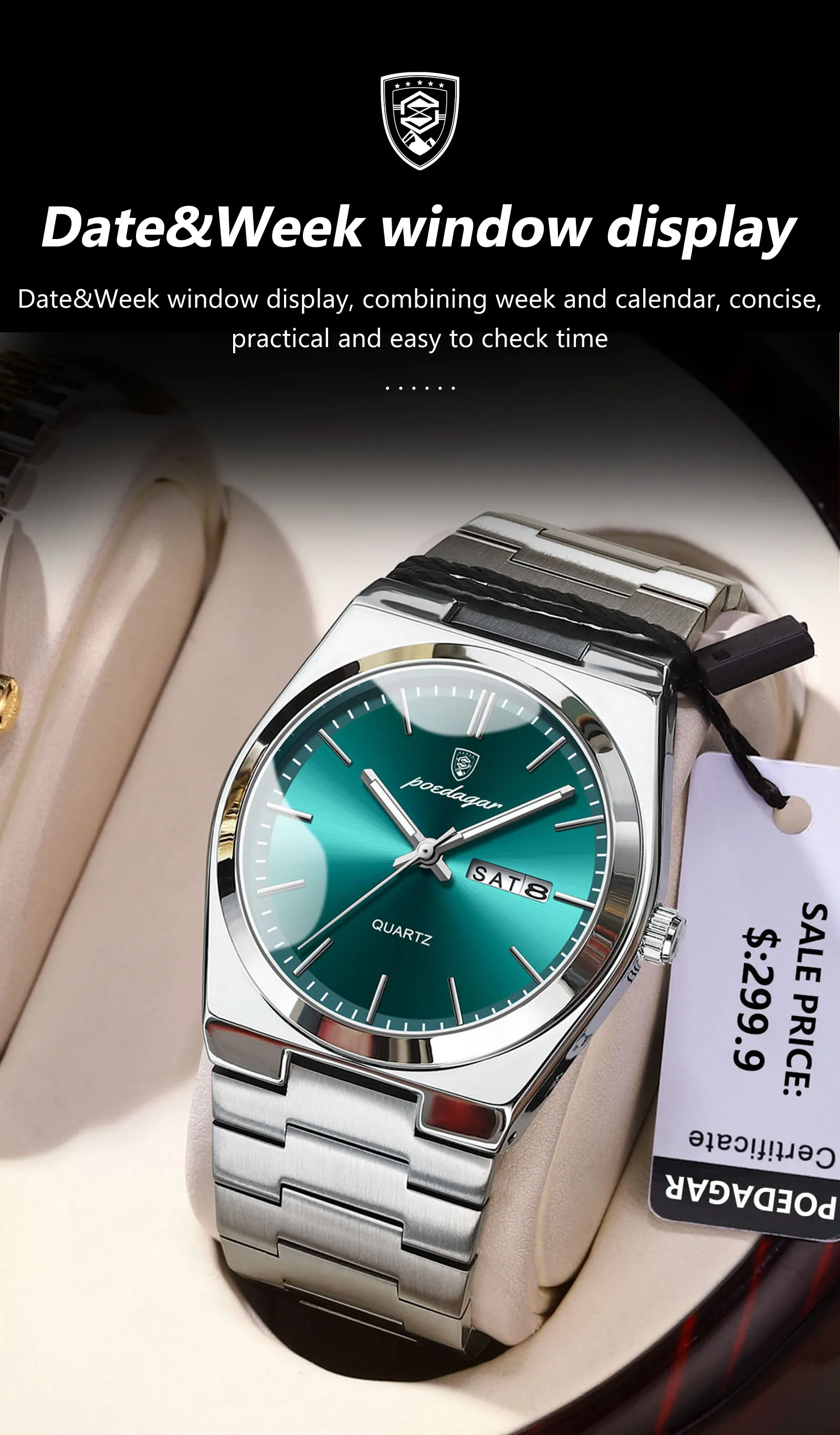 POEDAGAR Luxury Men’s Watches Waterproof Luminous Date Week Men Watch Stainless Steel Casual Fashion Quartz Man Wristwatch Reloj