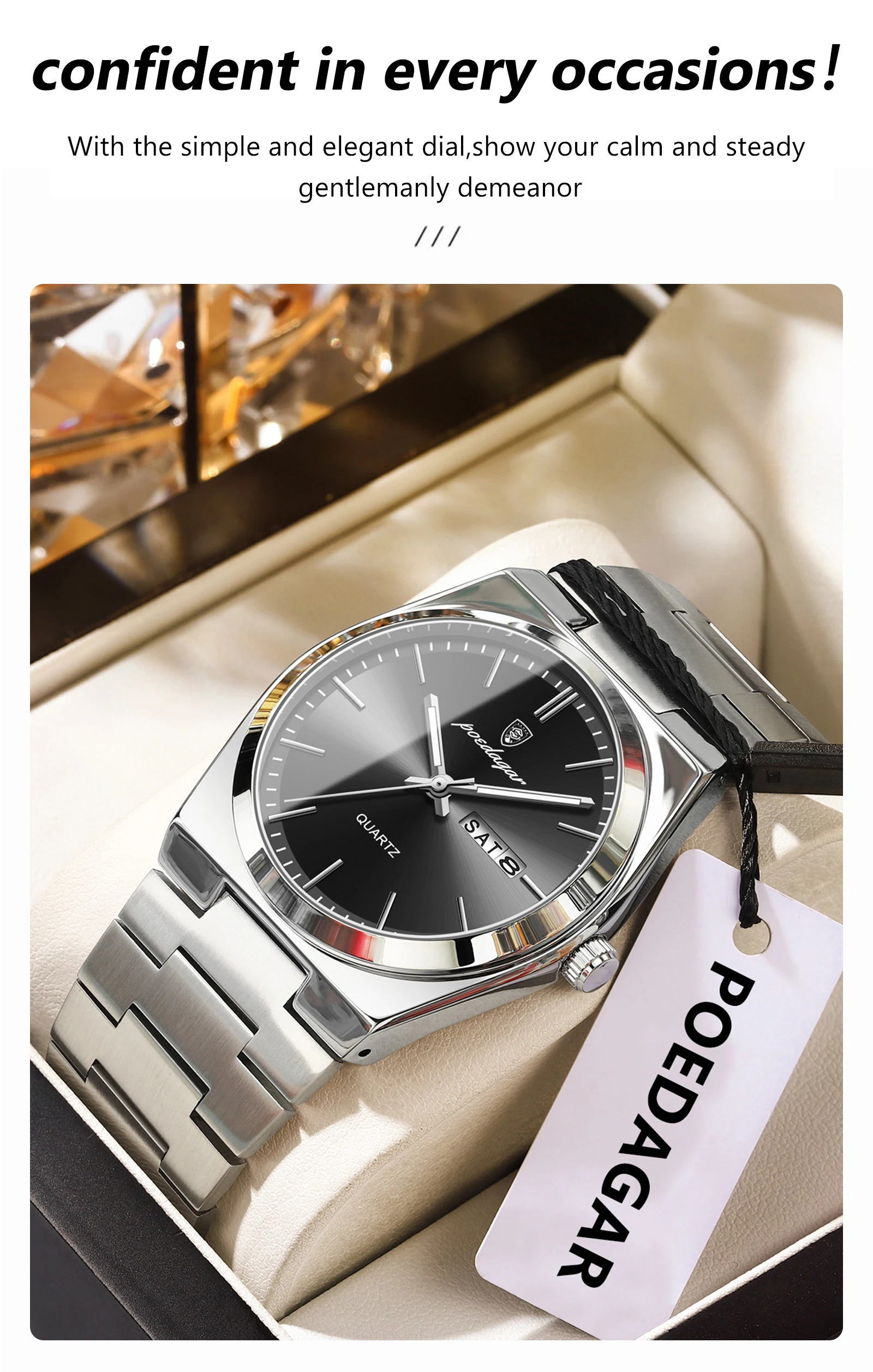 POEDAGAR Luxury Men’s Quartz Wristwatch Waterproof Luminous Date Week Man Watch Stainless Steel Business Fashion Watches For Men