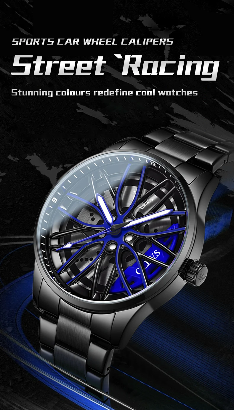OLEVS Fashion 360° Rotary Dial Quartz Watch for Men Sport Car Rim Wheel Hub Waterproof Luminous Stainless Steel Men’s Wristwatch