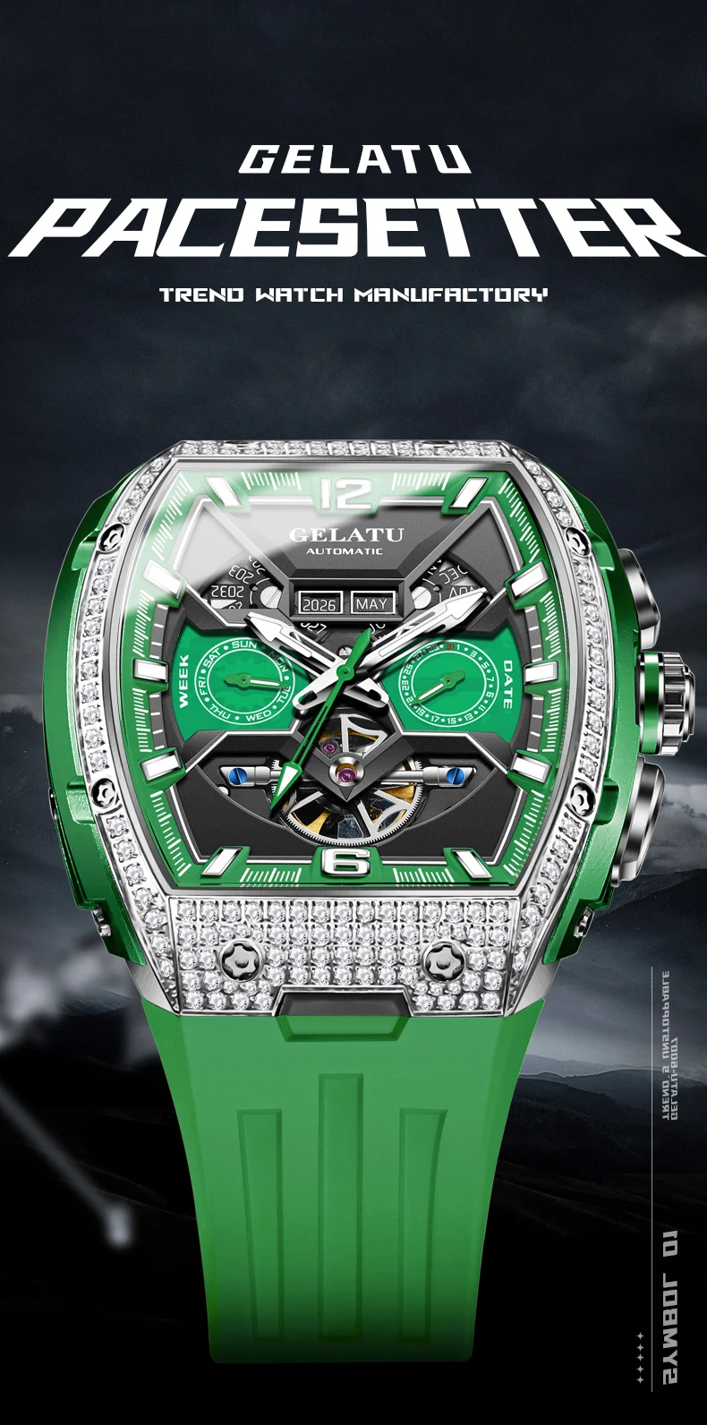 GELATU Men’s Watch Hollow Out Skeleton Automatic Watch for Men Silicone Strap Dual Calendar Luxury Original Mechanical Man Watch