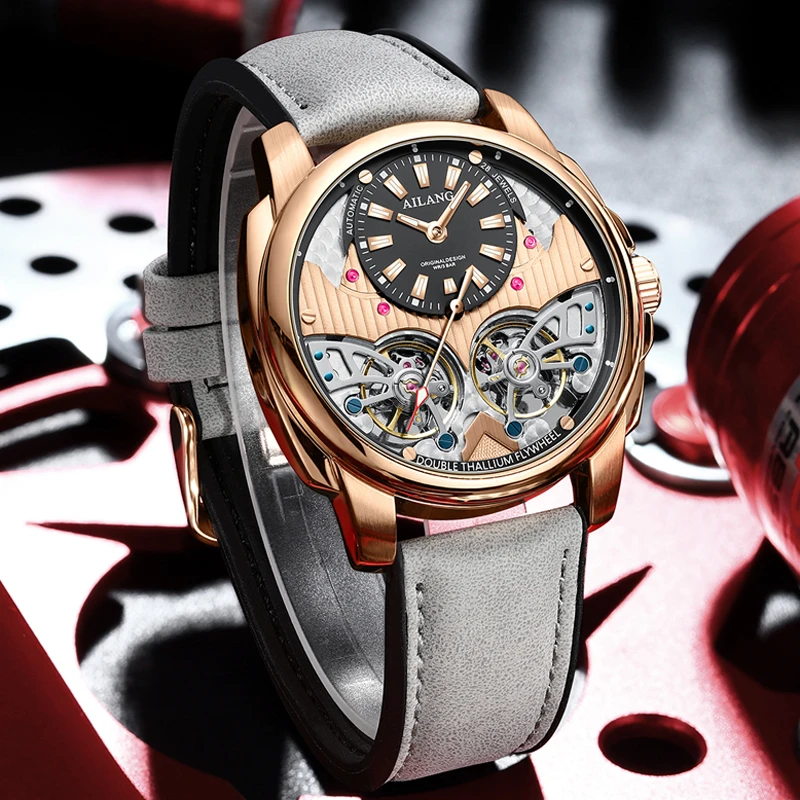 AILANG Automatic Mechanical Waterproof Sport Military Men Watch Luxury Double Tourbillon Man Wristwatch Leather Strap