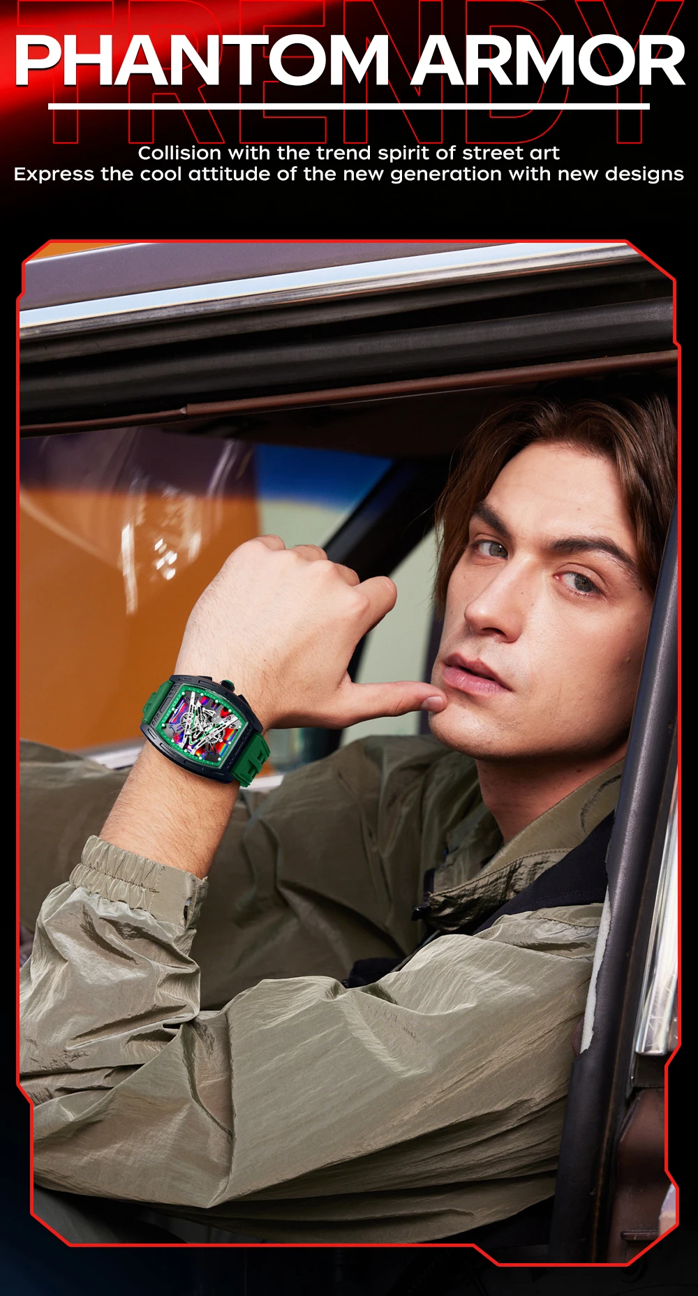 OFNS1209 Luxury Men Quartz Watch Silicone Strap Hollow Watches Mens Waterproof Sports Wristwatches Relogio Masculino