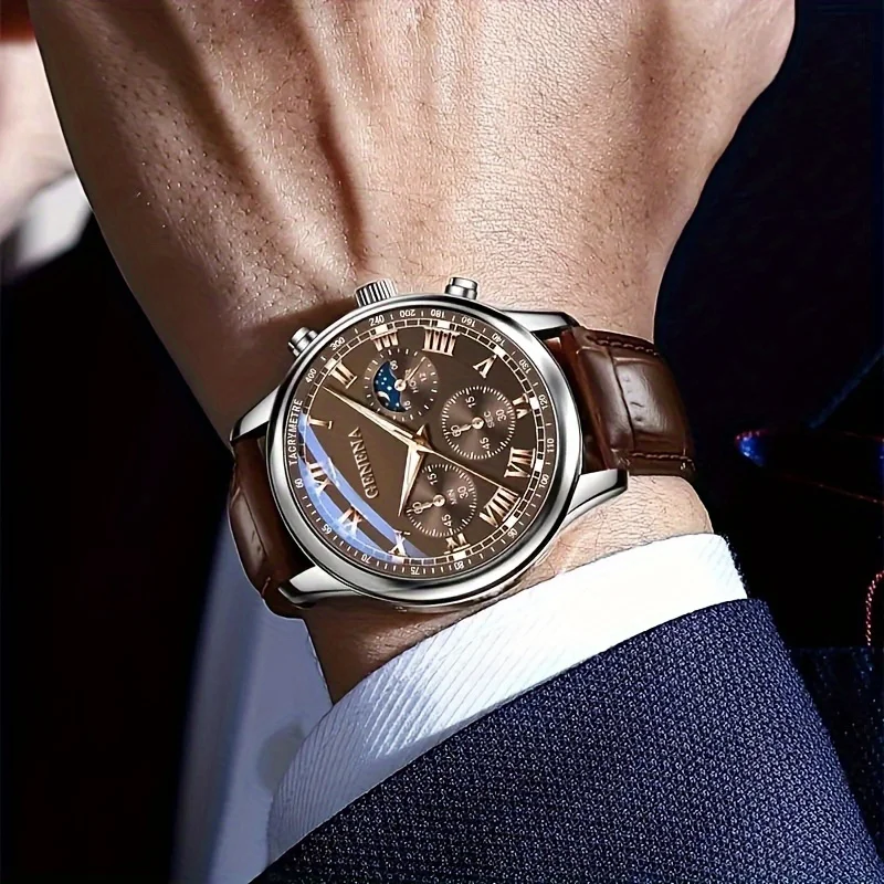 GENEVA High Quality Men’s Luxury Belt Fashion Quartz Watch Men Round Business Student Sport Waterproof Glow Clock