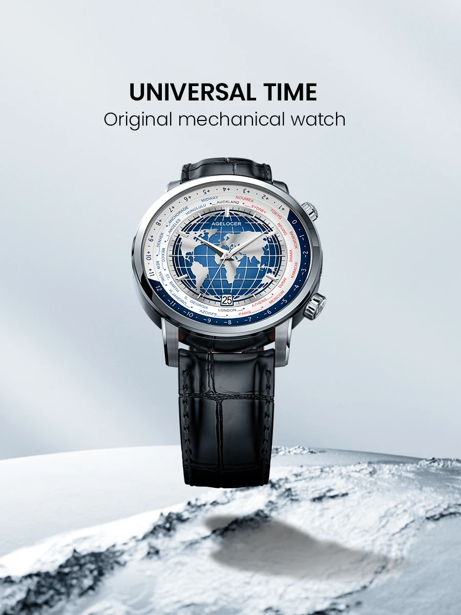 AGELOCER Original World Time Watch Men’s Luxury Business Formal Automatic Mechanical Watch Birthday Gift for Men