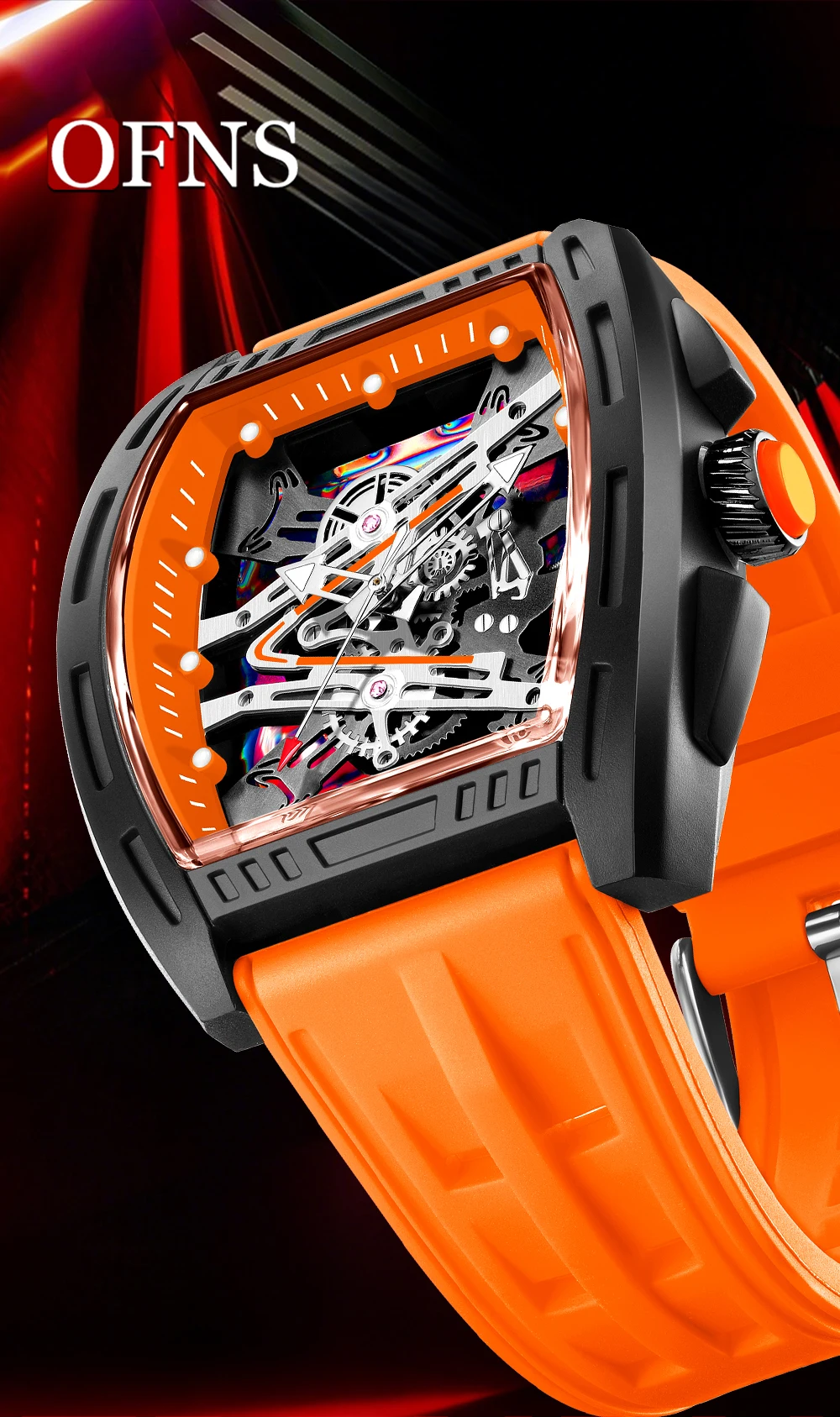 OFNS1209 Luxury Men Quartz Watch Silicone Strap Hollow Watches Mens Waterproof Sports Wristwatches Relogio Masculino