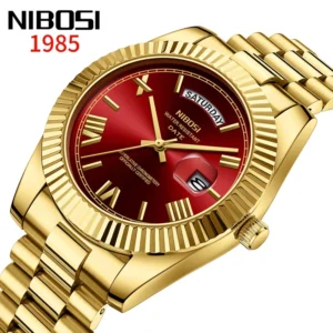 NIBOSI Brand Luxury Gold Red Quartz Watch for Men Stainless Steel Waterproof Luminous Date Week Fashion Men Watches Reloj Hombre