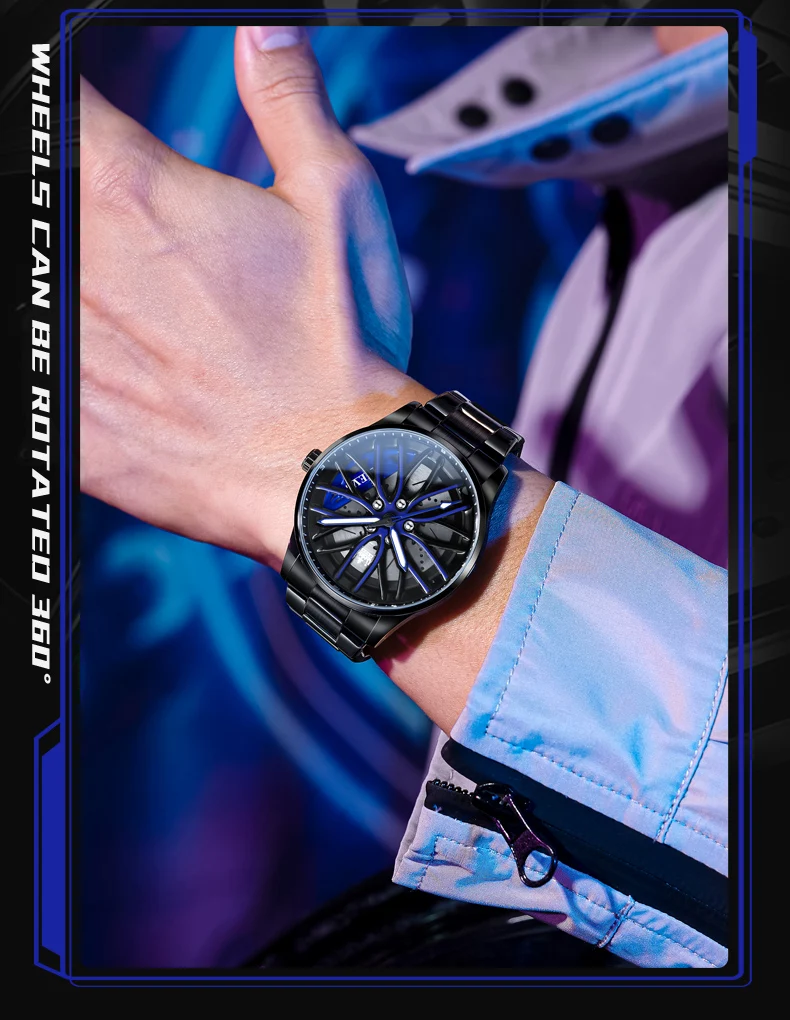 OLEVS Fashion 360° Rotary Dial Quartz Watch for Men Sport Car Rim Wheel Hub Waterproof Luminous Stainless Steel Men’s Wristwatch