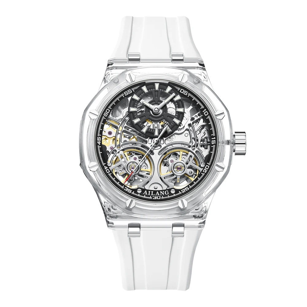 White Double Tourbillon Men Watches Luxury Automatic Mechanical Watch Rubber Sports Casual Sports Military Waterproof Clock