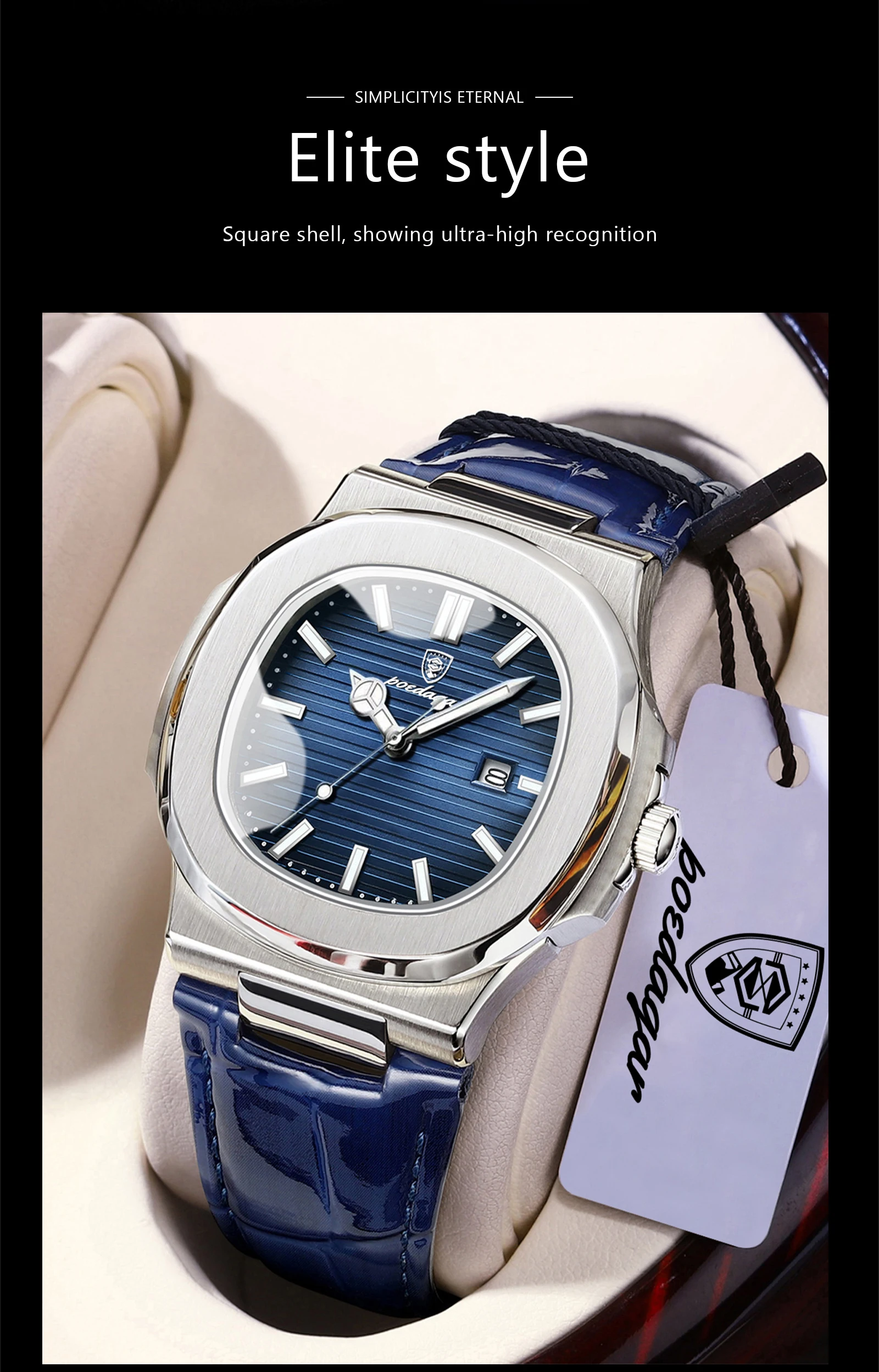 POEDAGAR Top Square Man Watch Date Waterproof Luminous Luxury Men Wristwatch High Quality Leather Men’s Quartz Watches+Box Reloj