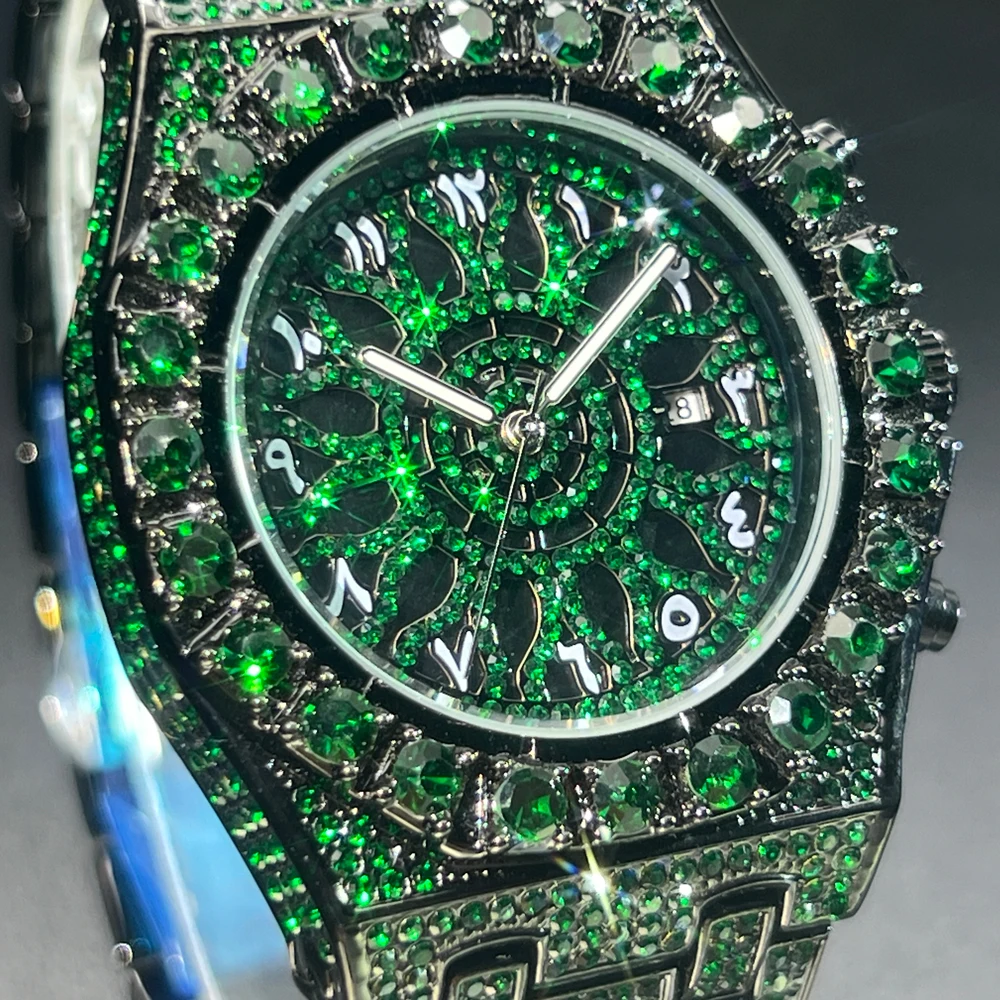 2024 Hip Hop Green Diamond Watche For Men Fashion Automatic Date Quartz Clock Dress Square Iced Jewelry WristWatch Man For Gift