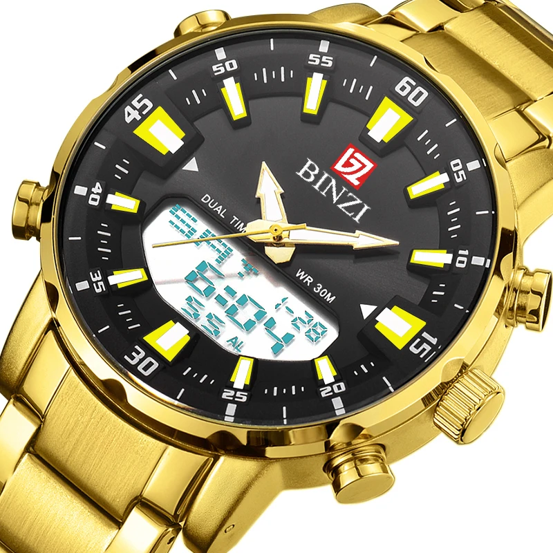 Top Brand Luxury Men Wrist Watch Waterproof Sports Digital Watches Men LED Steel Military Quartz Watch Gold color Big Dial Clock