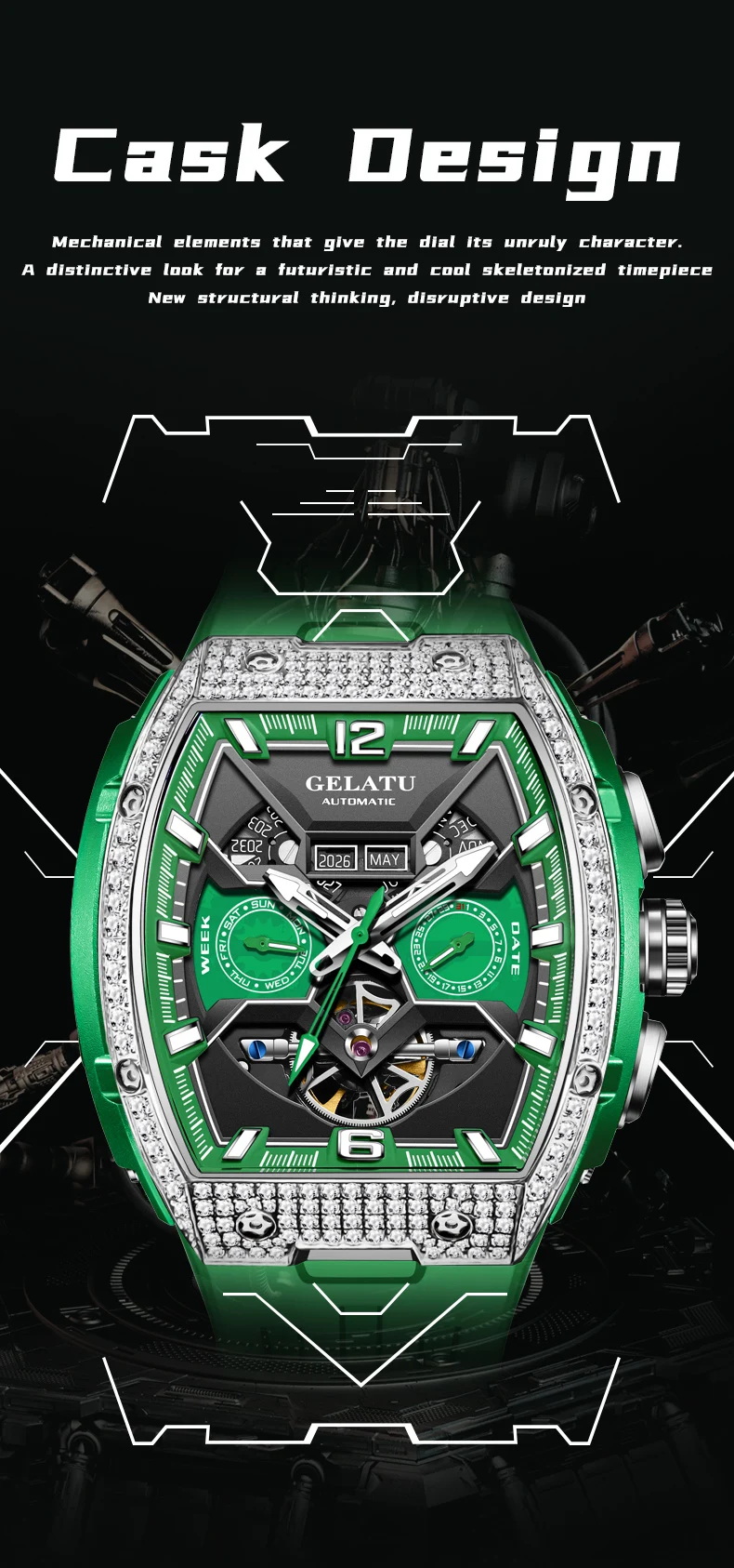 GELATU Men’s Watch Hollow Out Skeleton Automatic Watch for Men Silicone Strap Dual Calendar Luxury Original Mechanical Man Watch