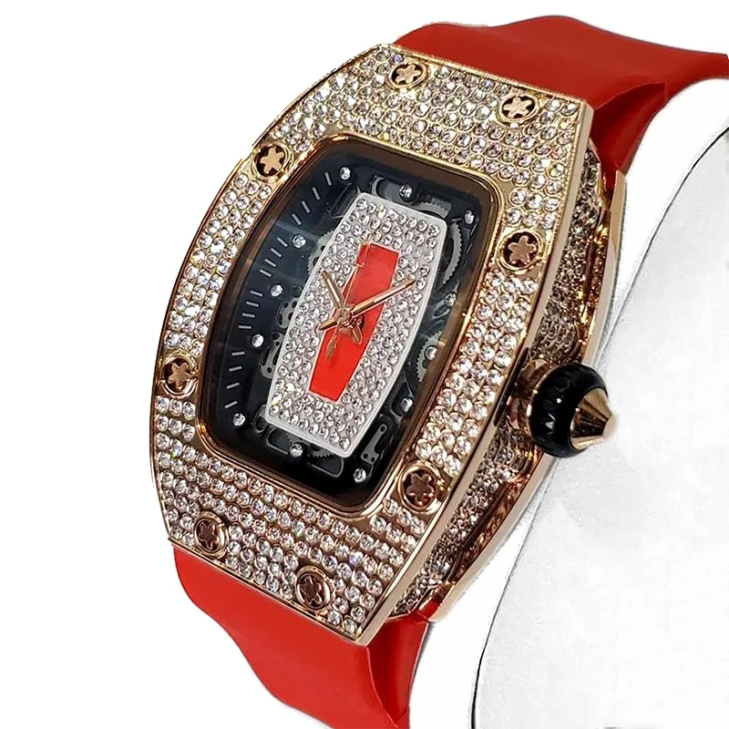 New Tonneau Fashion Rose Iced Diamond Jewelry Watch Women Casual Silicone Strap Quartz Wristwatches 2026 Hot Selling Girl’s Gift