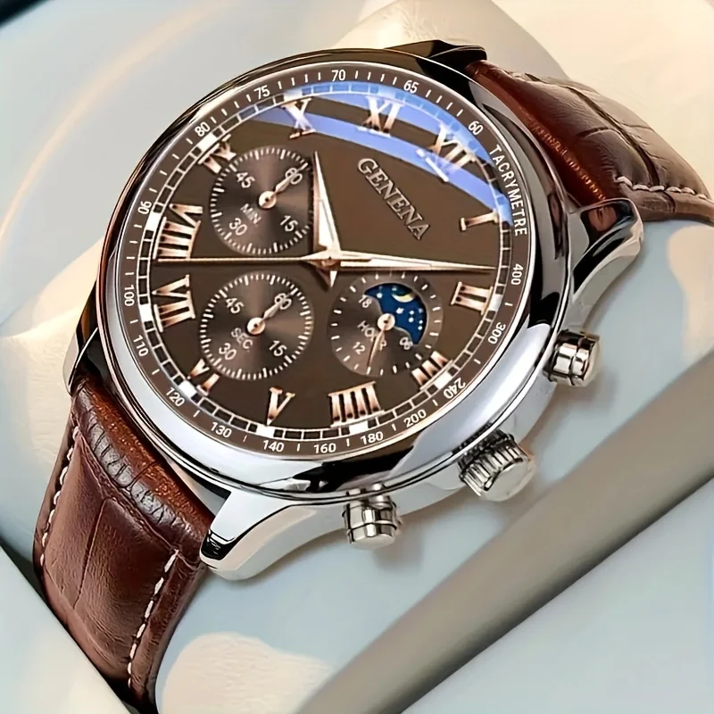 GENEVA High Quality Men’s Luxury Belt Fashion Quartz Watch Men Round Business Student Sport Waterproof Glow Clock