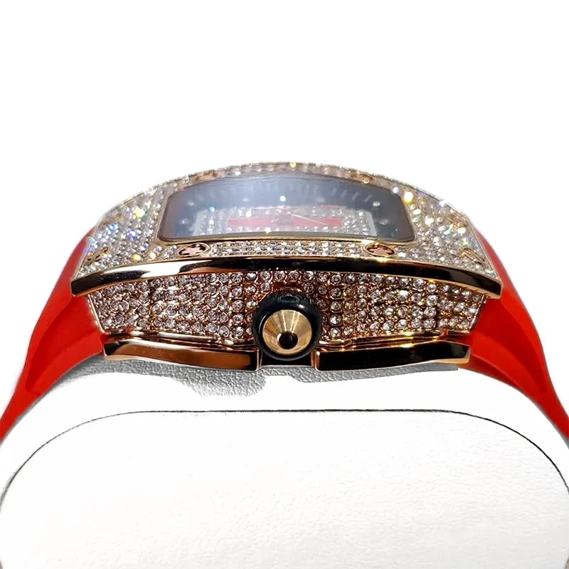 New Tonneau Fashion Rose Iced Diamond Jewelry Watch Women Casual Silicone Strap Quartz Wristwatches 2026 Hot Selling Girl’s Gift