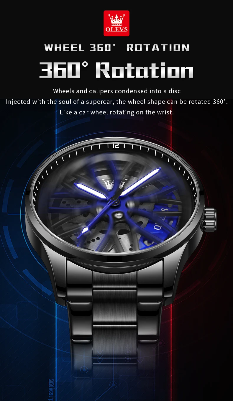 OLEVS Fashion 360° Rotary Dial Quartz Watch for Men Sport Car Rim Wheel Hub Waterproof Luminous Stainless Steel Men’s Wristwatch