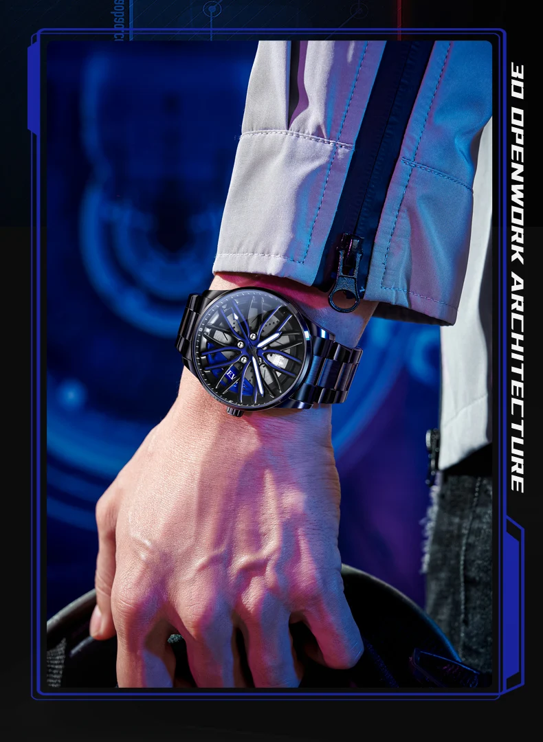 OLEVS Fashion 360° Rotary Dial Quartz Watch for Men Sport Car Rim Wheel Hub Waterproof Luminous Stainless Steel Men’s Wristwatch