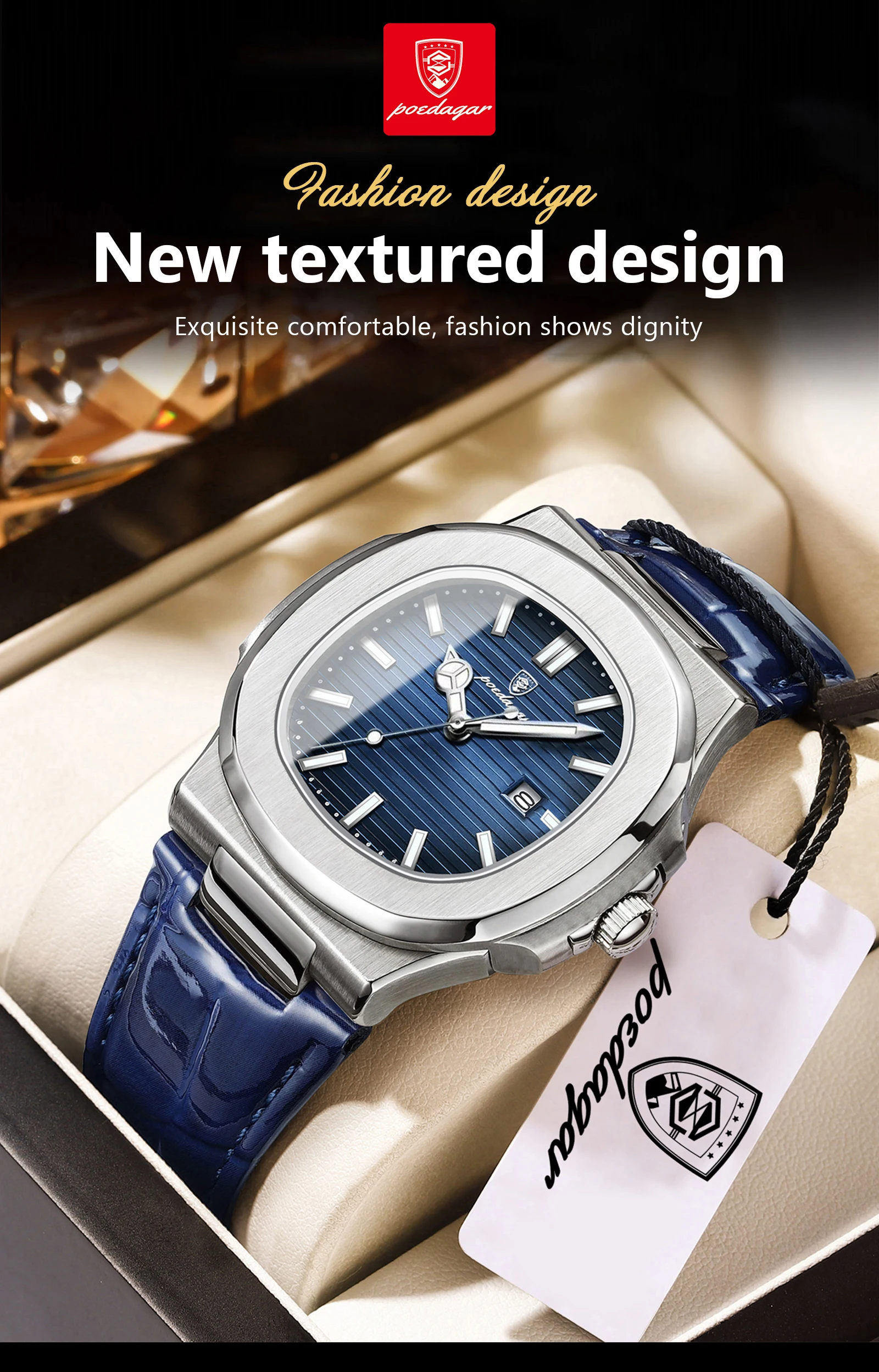 POEDAGAR Top Square Man Watch Date Waterproof Luminous Luxury Men Wristwatch High Quality Leather Men’s Quartz Watches+Box Reloj