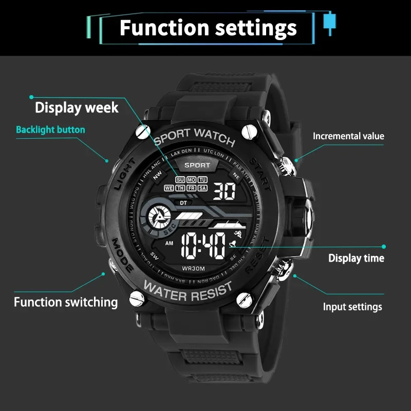 YIKAZE Men’s Sports Watch Waterproof Man Sport Watches Multifuction LED Digital Military Watch Alarm Clock Electronic Wristwatch
