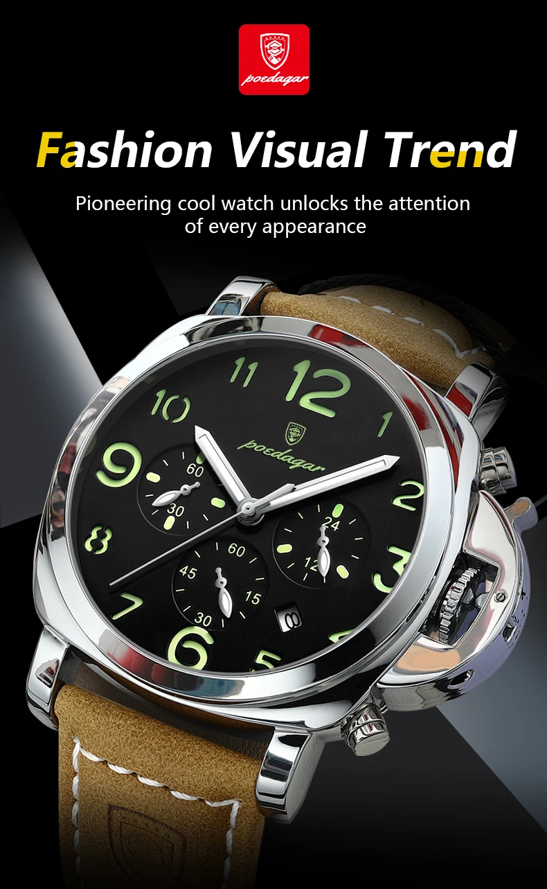 POEDAGAR Luxury Military Watch For Men Waterproof Luminous Date Chronograph Man Watch Sports Casual Leather Men’s Quartz Watches