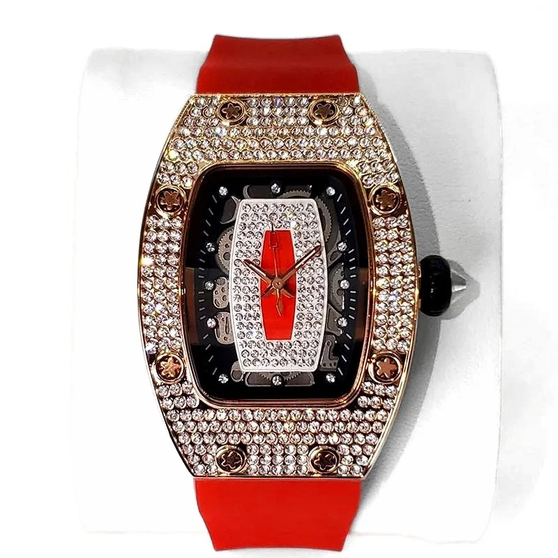 New Tonneau Fashion Rose Iced Diamond Jewelry Watch Women Casual Silicone Strap Quartz Wristwatches 2026 Hot Selling Girl’s Gift