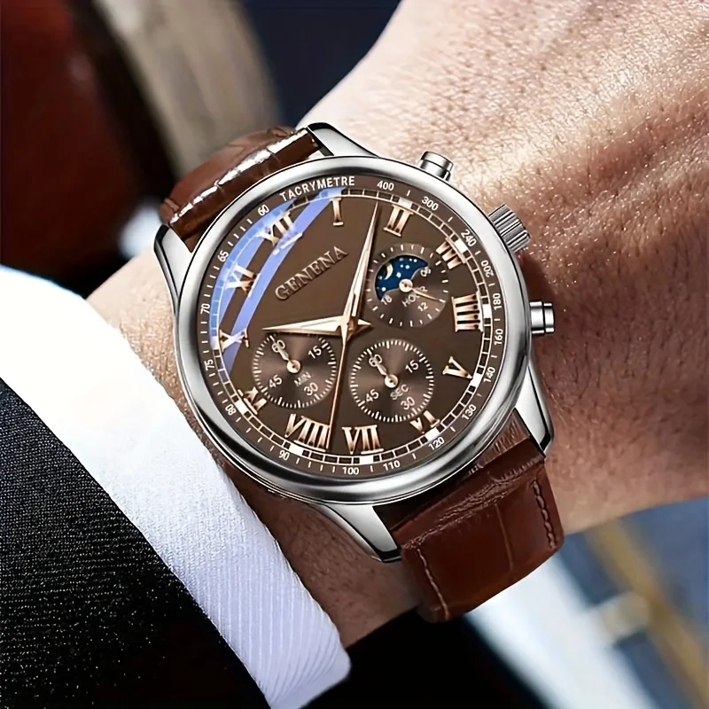 GENEVA High Quality Men’s Luxury Belt Fashion Quartz Watch Men Round Business Student Sport Waterproof Glow Clock