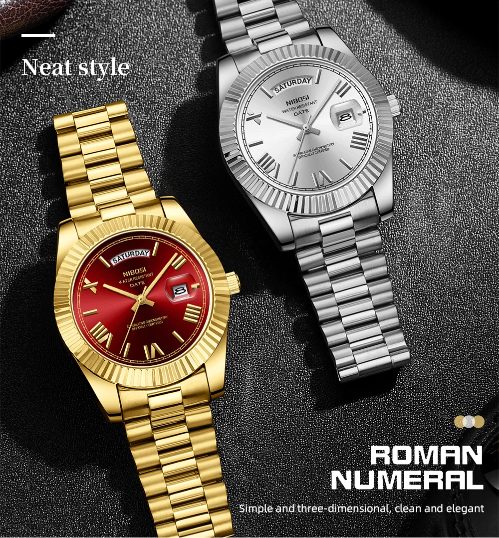 NIBOSI Brand Luxury Gold Red Quartz Watch for Men Stainless Steel Waterproof Luminous Date Week Fashion Men Watches Reloj Hombre