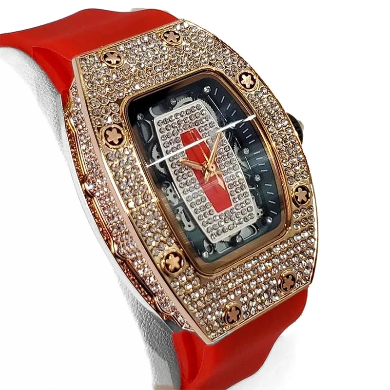 New Tonneau Fashion Rose Iced Diamond Jewelry Watch Women Casual Silicone Strap Quartz Wristwatches 2026 Hot Selling Girl’s Gift