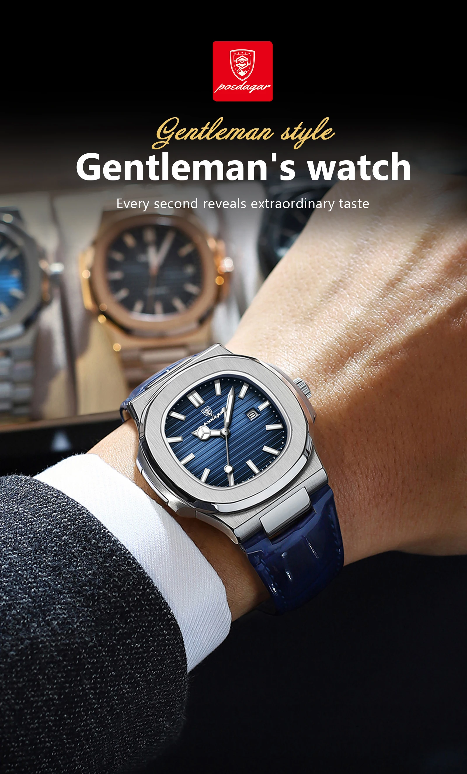 POEDAGAR Top Square Man Watch Date Waterproof Luminous Luxury Men Wristwatch High Quality Leather Men’s Quartz Watches+Box Reloj