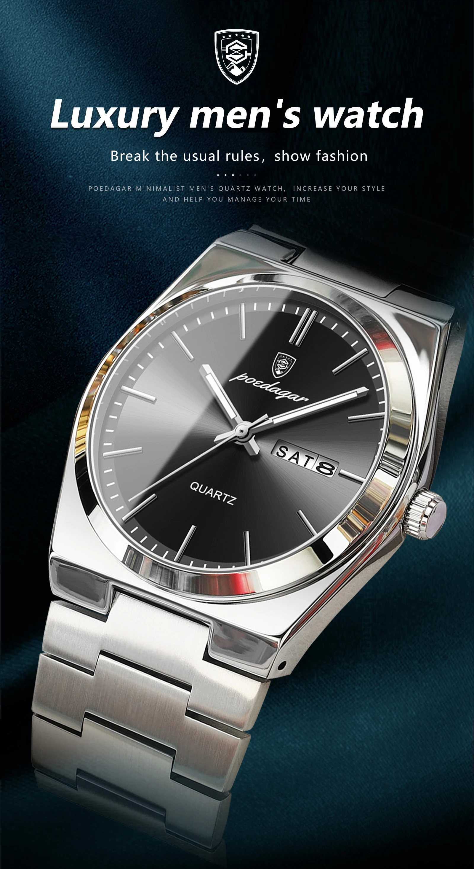 POEDAGAR Luxury Men’s Quartz Wristwatch Waterproof Luminous Date Week Man Watch Stainless Steel Business Fashion Watches For Men