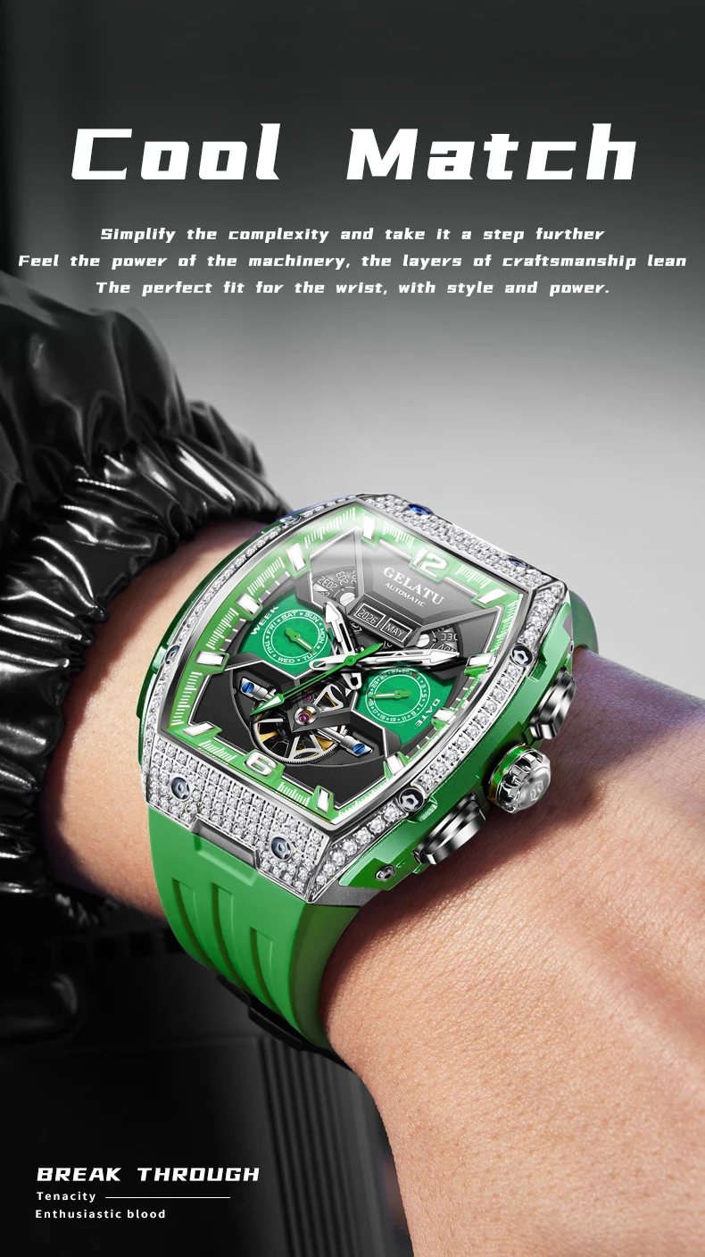 GELATU Men’s Watch Hollow Out Skeleton Automatic Watch for Men Silicone Strap Dual Calendar Luxury Original Mechanical Man Watch