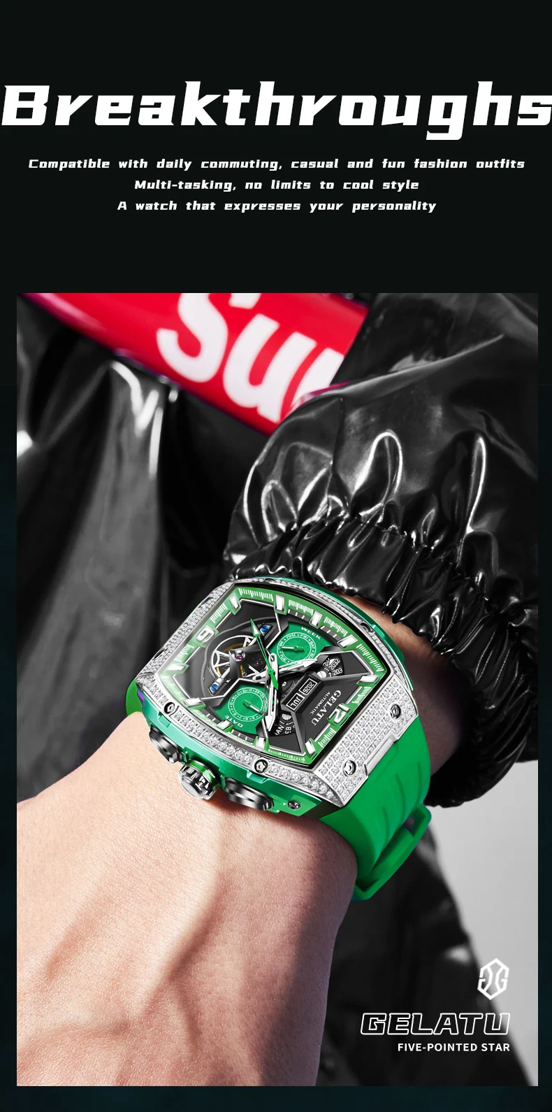 GELATU Men’s Watch Hollow Out Skeleton Automatic Watch for Men Silicone Strap Dual Calendar Luxury Original Mechanical Man Watch