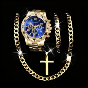 4PCS Fashion Arabic Dial Men Business Watches Bracelet Necklaces Set Luxury Mens Quartz Wristwatch Reloj Hombre（Without Box）