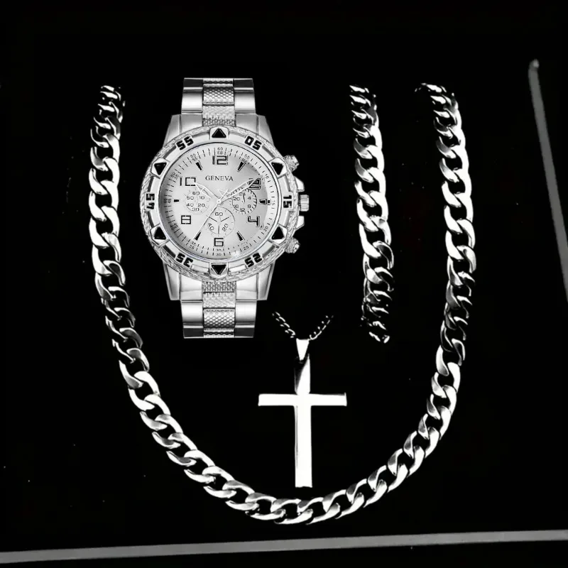 4PCS Fashion Arabic Dial Men Business Watches Bracelet Necklaces Set Luxury Mens Quartz Wristwatch Reloj Hombre（Without Box）