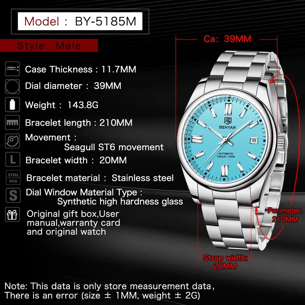 BENYAR New BY-5185M Luxury Automatic Watch 10Bar Waterproof Stainless Steel Men’s Mechanical Watch Men’s Sports Watch