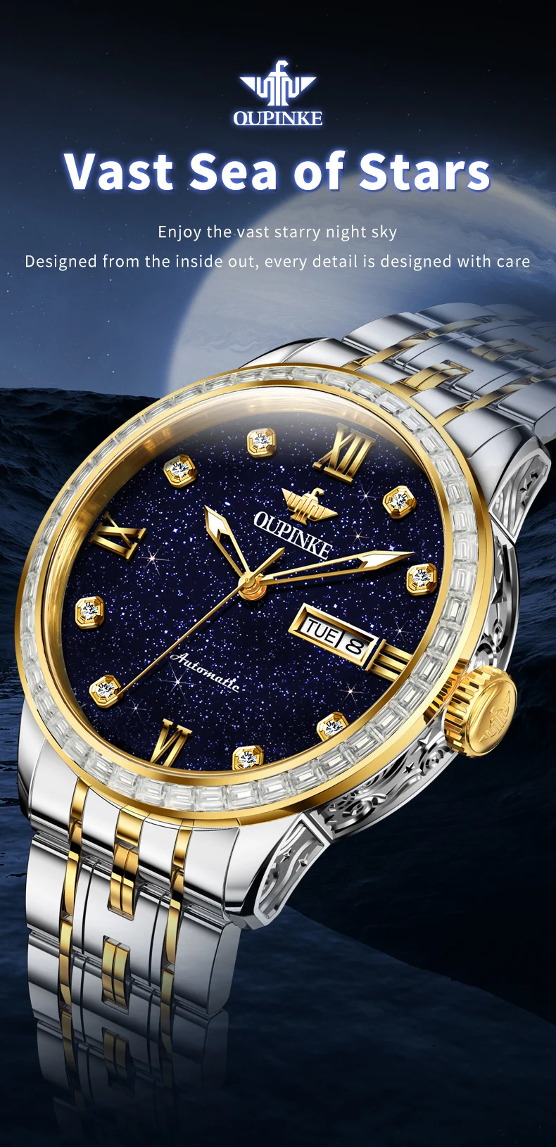 OUPINKE 3241 Man Watch High-end Luxury Original Automatic Mechanical Wrist Watches for Men Starry Sky Dial Elegant Mens Watch
