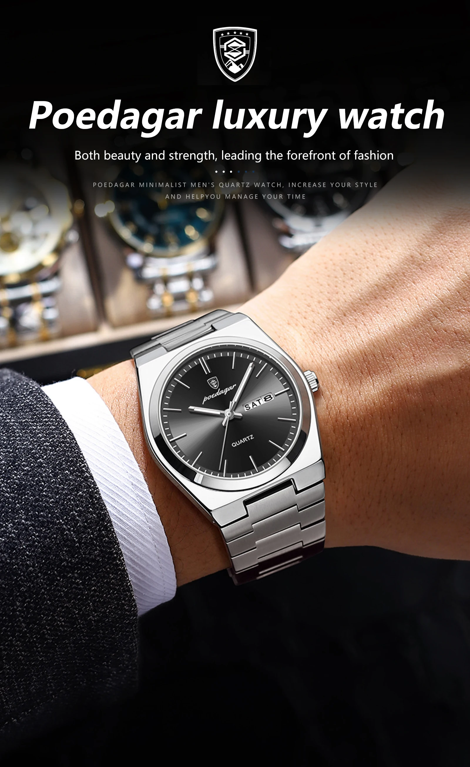 POEDAGAR Luxury Men’s Quartz Wristwatch Waterproof Luminous Date Week Man Watch Stainless Steel Business Fashion Watches For Men
