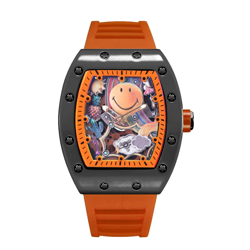 No Logo Classic Tonneau Skeleton Dial Cloud Expression Watches Mens Fshion Top Quartz Watch Automatic Date Clock AAA Relogio