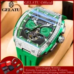 GELATU Men's Watch Hollow Out Skeleton Automatic Watch for Men Silicone Strap Dual Calendar Luxury Original Mechanical Man Watch