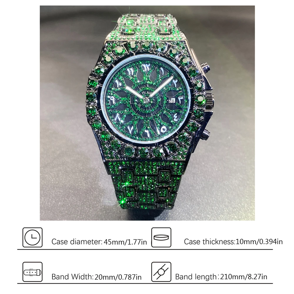 2024 Hip Hop Green Diamond Watche For Men Fashion Automatic Date Quartz Clock Dress Square Iced Jewelry WristWatch Man For Gift