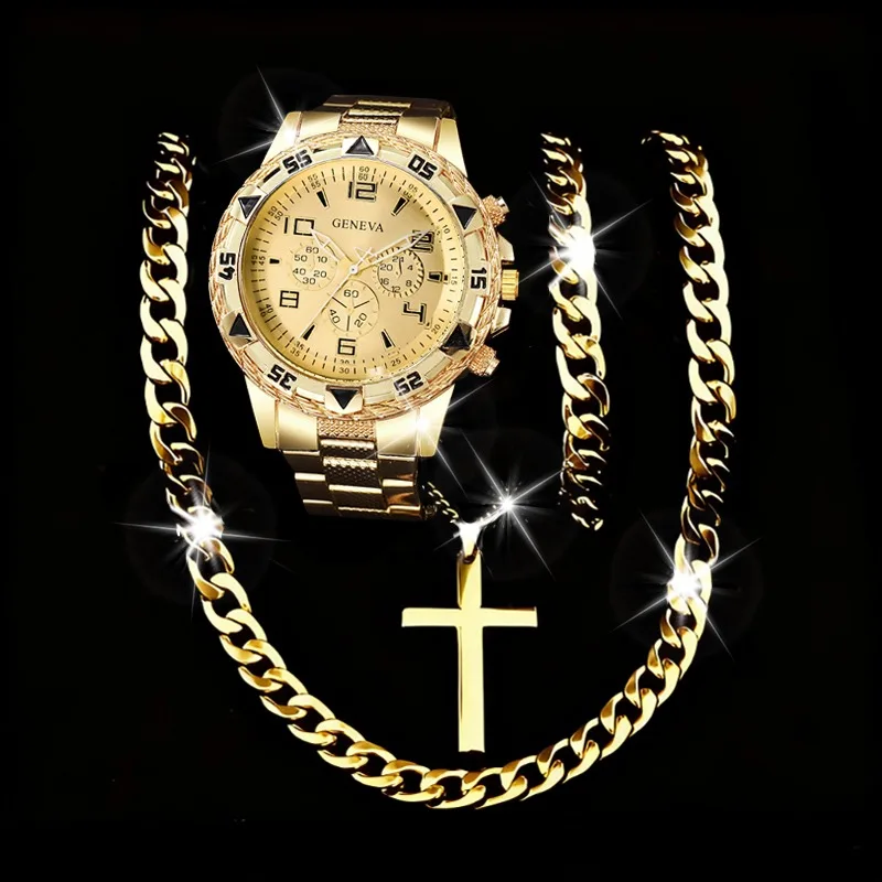 4PCS Fashion Arabic Dial Men Business Watches Bracelet Necklaces Set Luxury Mens Quartz Wristwatch Reloj Hombre（Without Box）