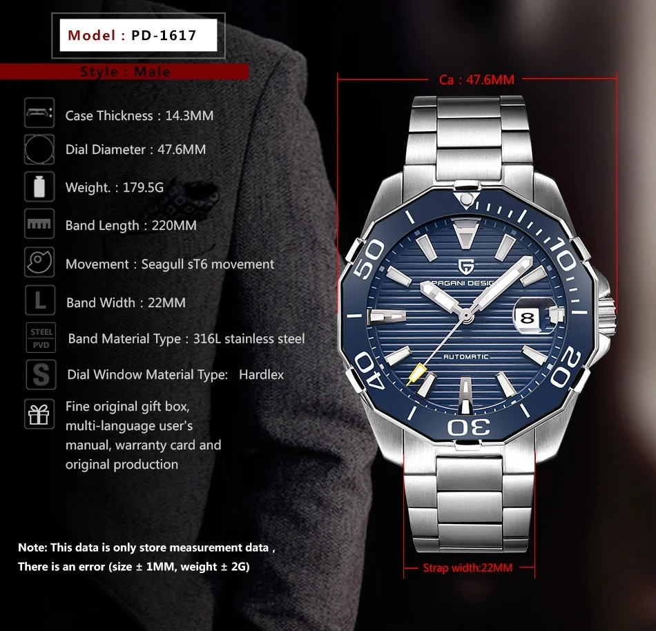 2025 New Brand PAGANI DESIGN 1617 Men’s Military Sport Mechanical Watches Waterproof Stainless Steel Top Brand Luxury Men Watch