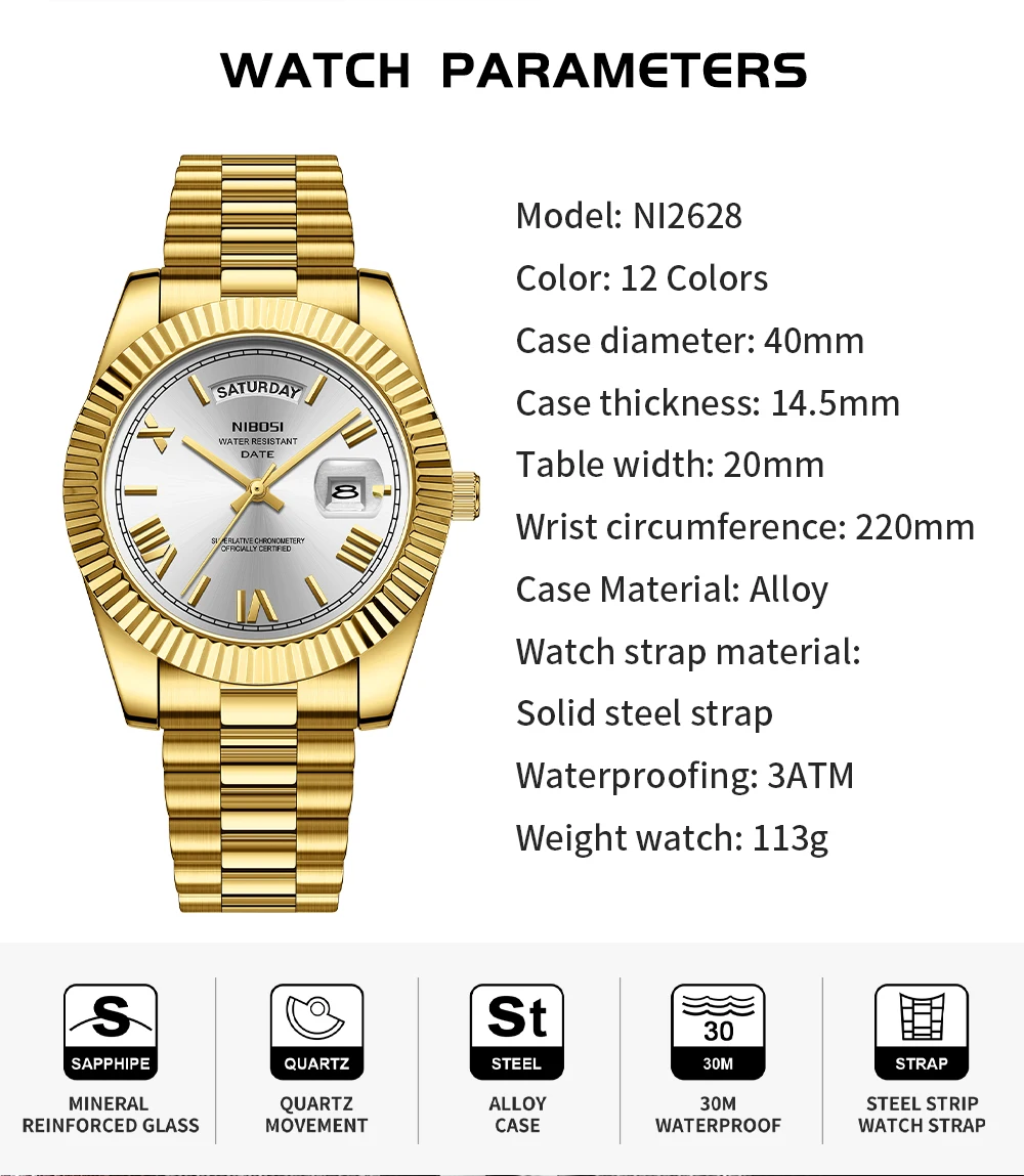 NIBOSI Brand Luxury Gold Red Quartz Watch for Men Stainless Steel Waterproof Luminous Date Week Fashion Men Watches Reloj Hombre