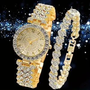 2pcs and 1pcs Elegant Crystal Watch Stainless Steel Fashion Simple Luxury Full Crystal Bracelet Quartz Watch
