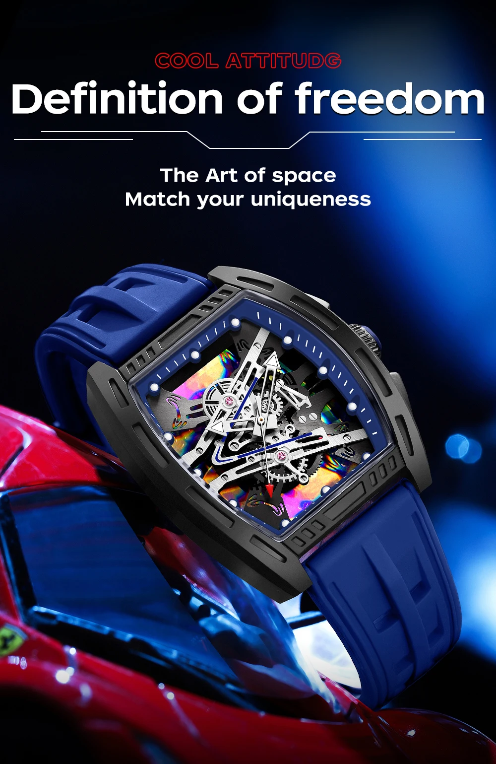 OFNS1209 Luxury Men Quartz Watch Silicone Strap Hollow Watches Mens Waterproof Sports Wristwatches Relogio Masculino
