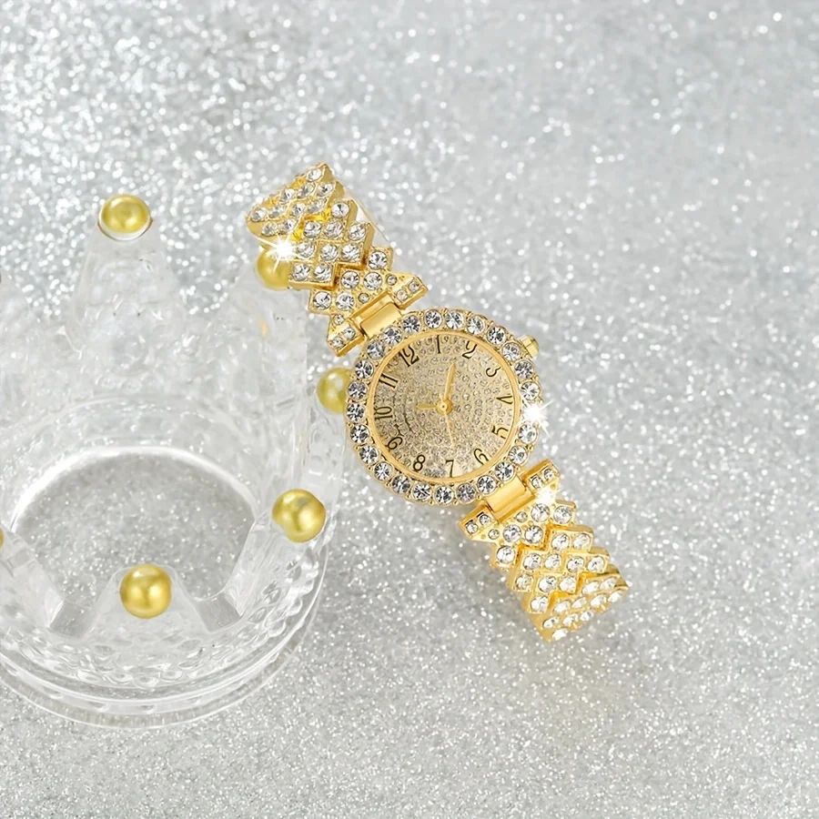 2pcs and 1pcs Elegant Crystal Watch Stainless Steel Fashion Simple Luxury Full Crystal Bracelet Quartz Watch